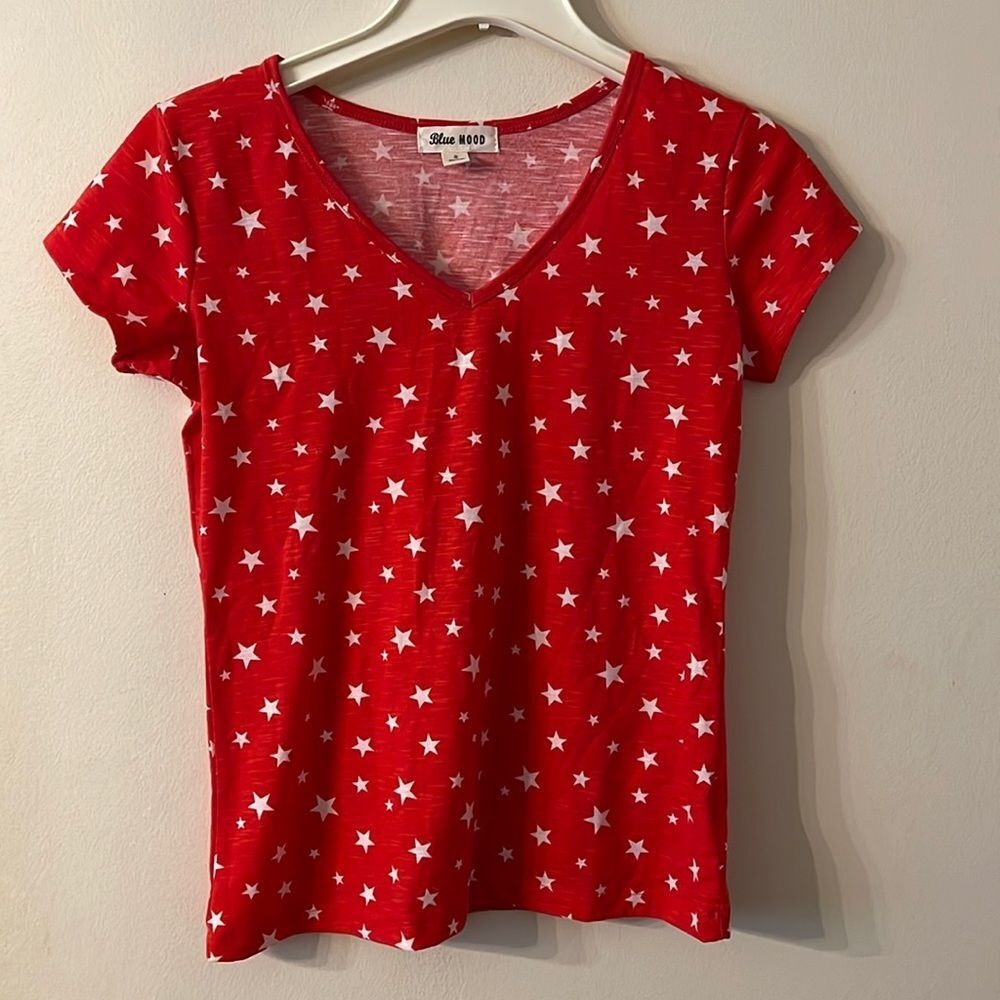Blue Mood Womens Red White Star Print V-Neck Short Sleeve T-Shirt Size S